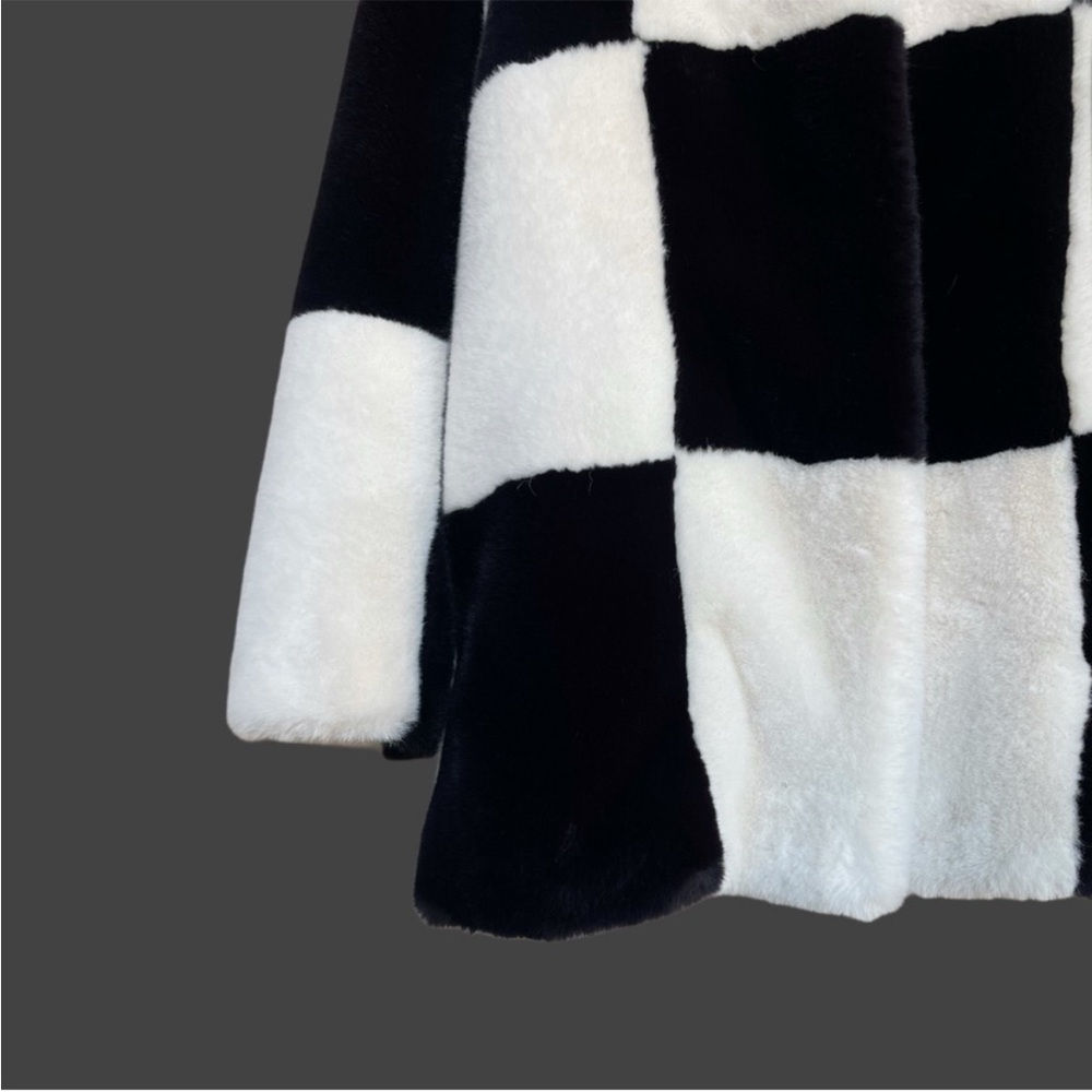 MANGO BLOGGER Black & White Checked Plush Faux Fur Coat Checkered Jacket Coat - Picture 9 of 17